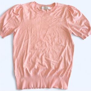 LOFT peach colored short sleeve knit top with puffy sleeves